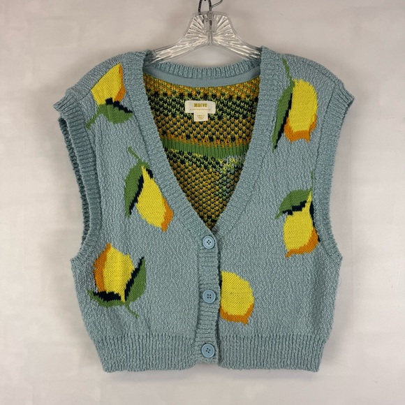 Mauve Sweaters - Maeve Anthropologie Lemon Knit Sweater‎ Vest Blue Yellow Sleeveless Size Small